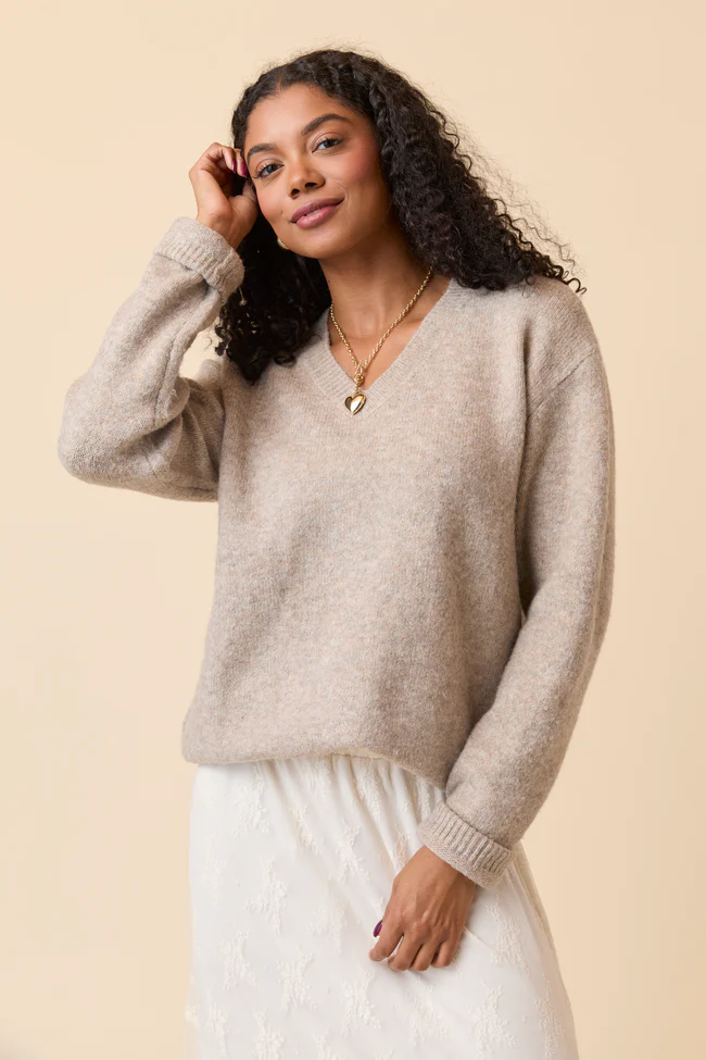 Adalyn Tan Oversized V-Neck Sweater FINAL SALE - Image 5