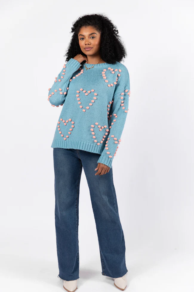 Adore You Blue and Pink Oversized Heart Pom Sweater FINAL SALE - Image 2