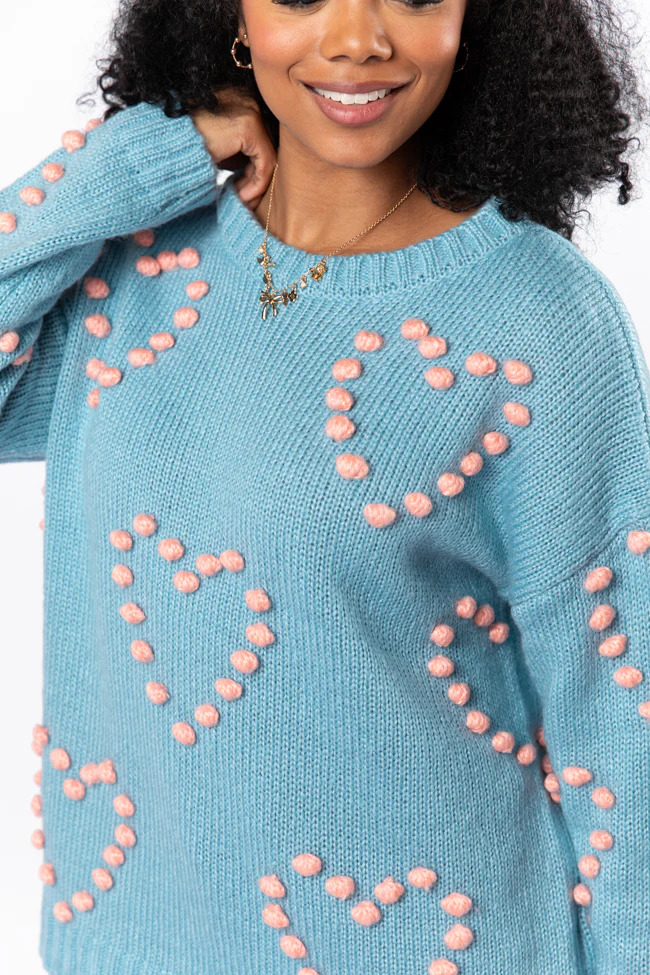 Adore You Blue and Pink Oversized Heart Pom Sweater FINAL SALE - Image 3