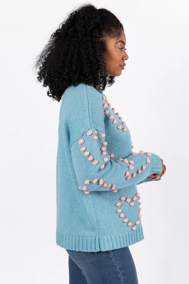 Adore You Blue and Pink Oversized Heart Pom Sweater FINAL SALE - Image 4