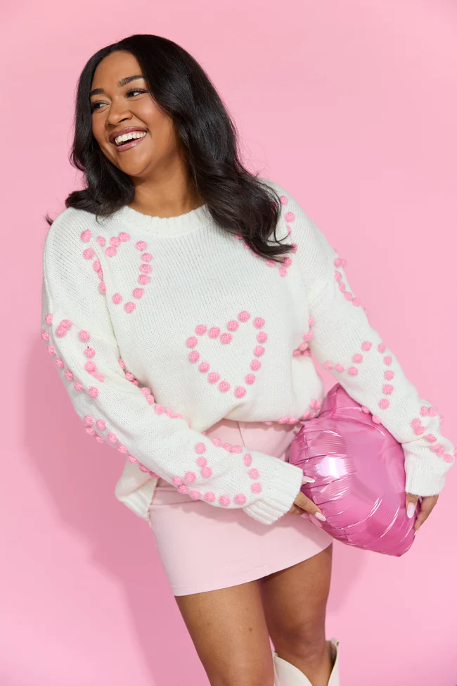 Adore You Ivory and Pink Oversized Heart Pom Sweater FINAL SALE