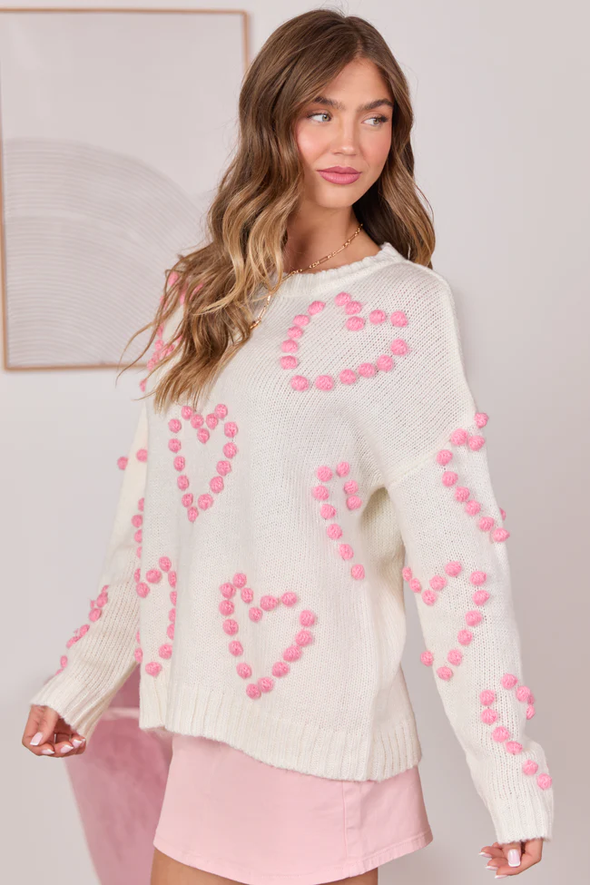 Adore You Ivory and Pink Oversized Heart Pom Sweater FINAL SALE - Image 4