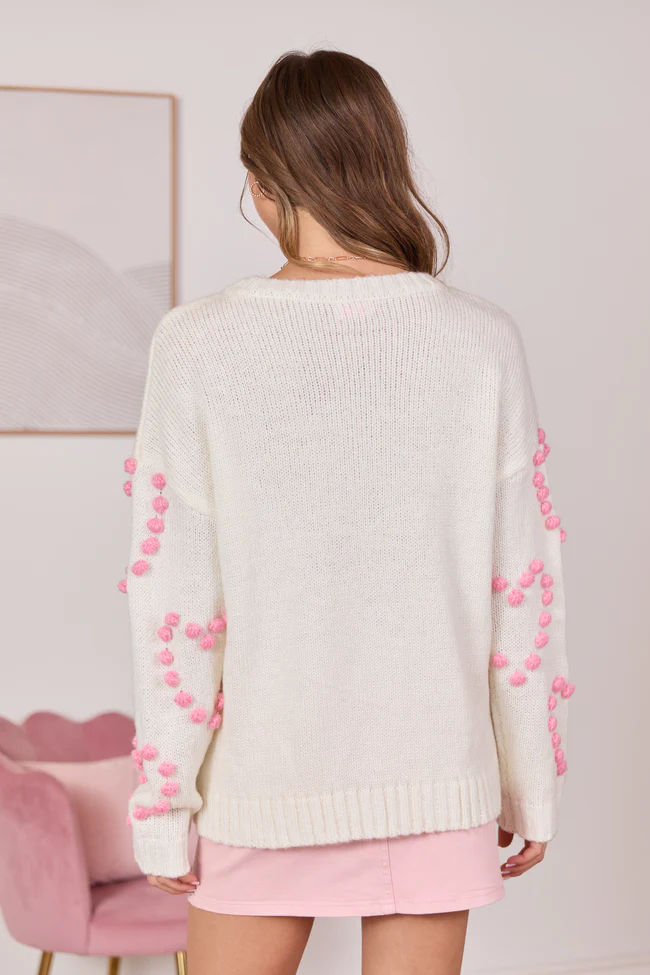 Adore You Ivory and Pink Oversized Heart Pom Sweater FINAL SALE - Image 5