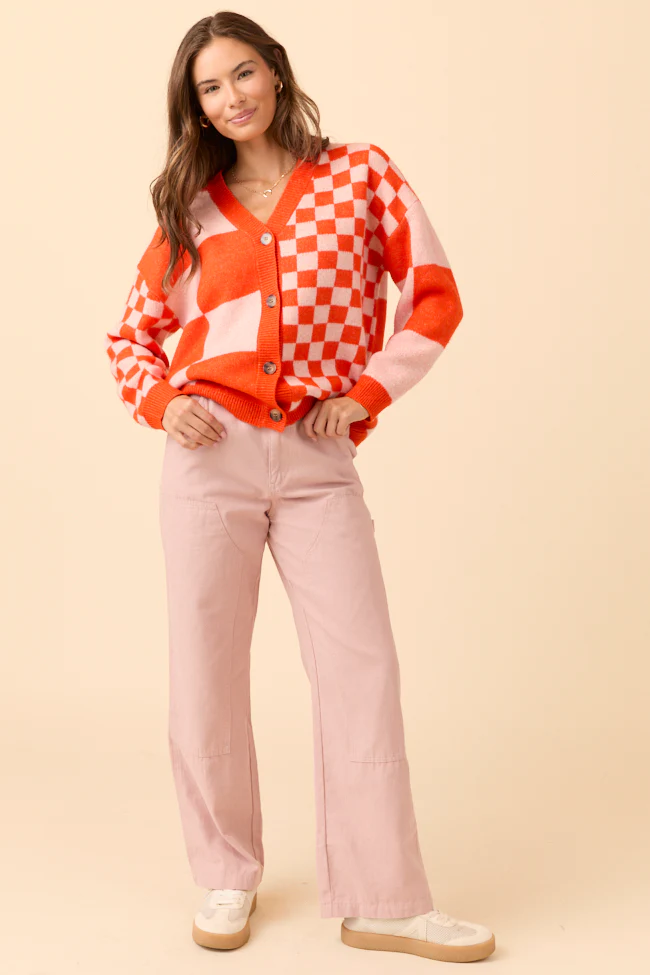 Alyssia Coral And Orange Checkered Cardigan FINAL SALE - Image 2