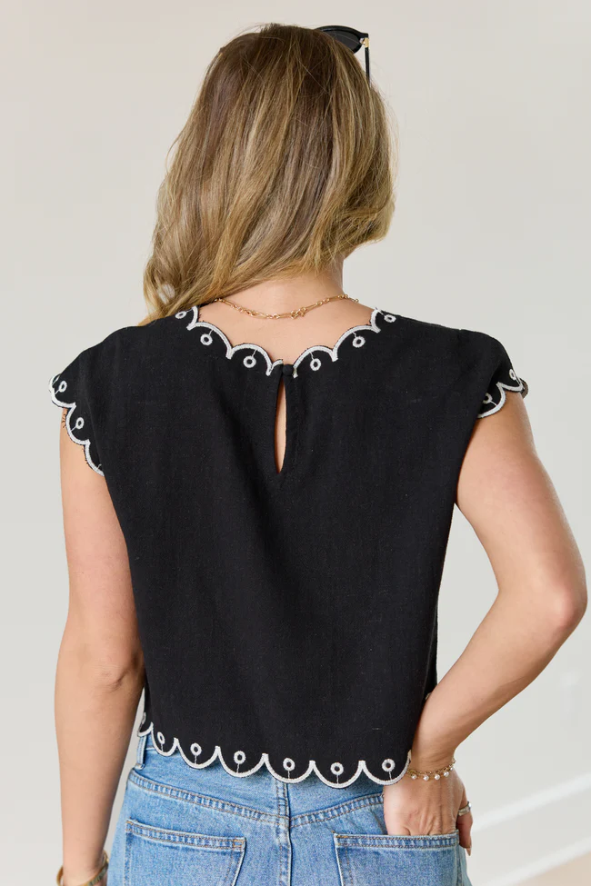 Amaya Cap Sleeve Black Embroidered Woven Top - Image 5