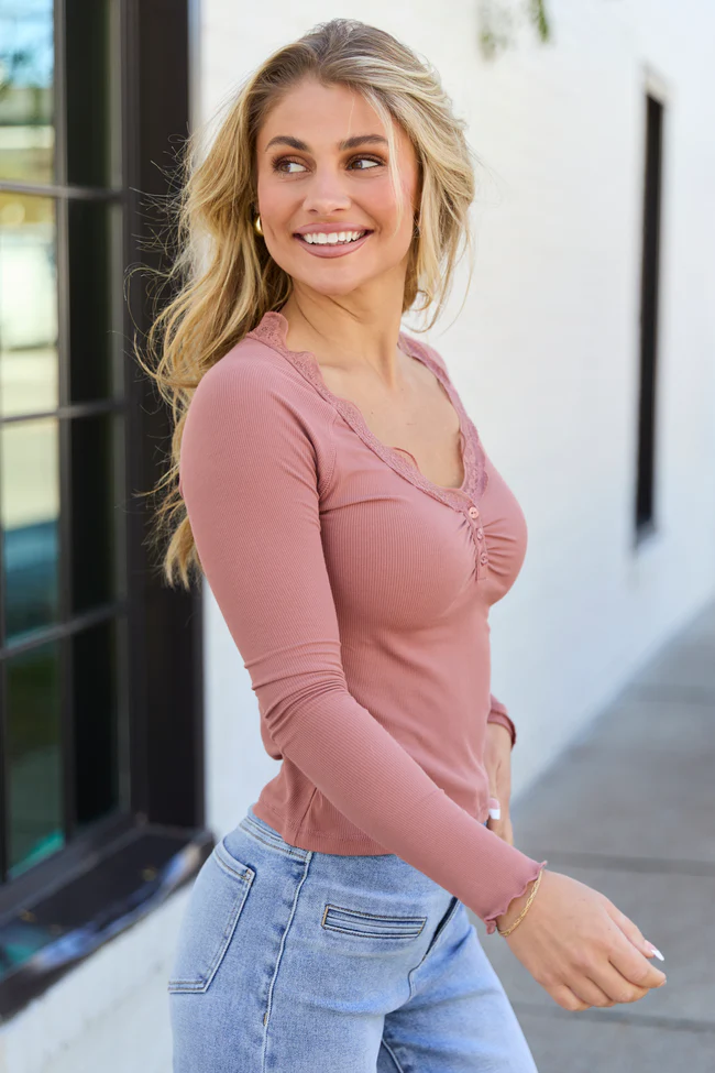 Amity Blush Long Sleeve Lace Trim Top - Image 3