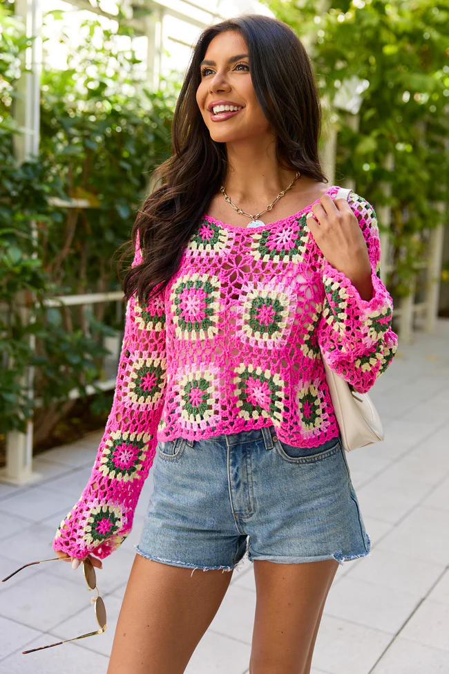 Annabelle Pink And Green Crochet Sweater - Image 3