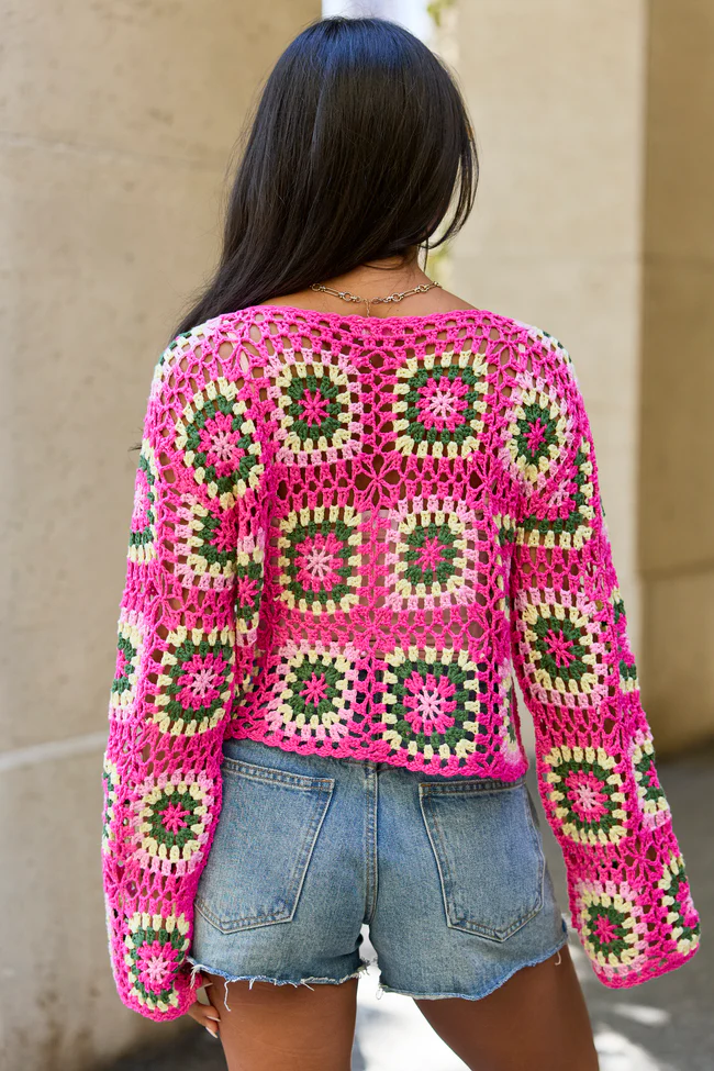 Annabelle Pink And Green Crochet Sweater - Image 5