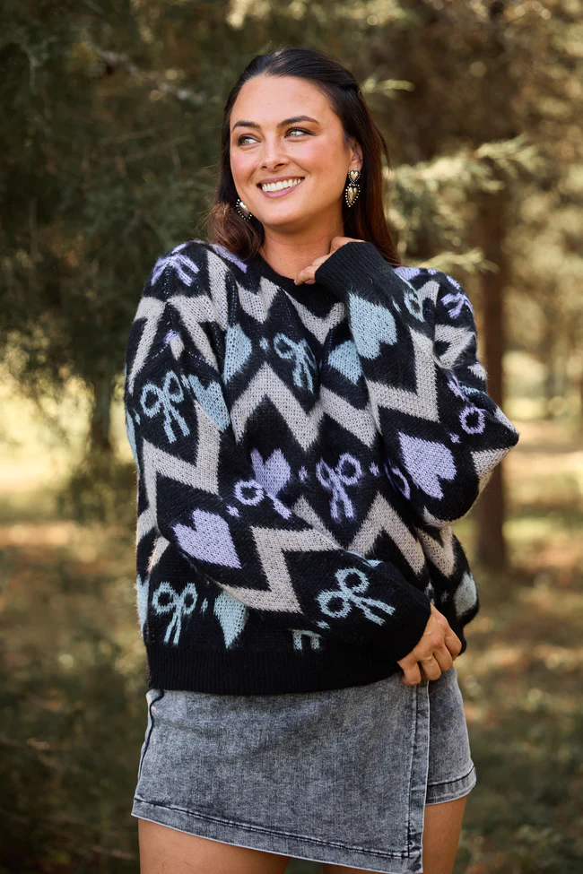 Annie Joy Black Blue Grey Hearts and Bows Sweater FINAL SALE