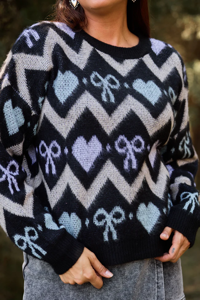 Annie Joy Black Blue Grey Hearts and Bows Sweater FINAL SALE - Image 3