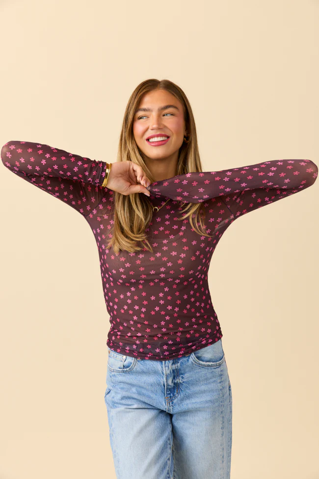 Ansley Long Sleeve Brown Floral Mesh Crewneck Top FINAL SALE - Image 3