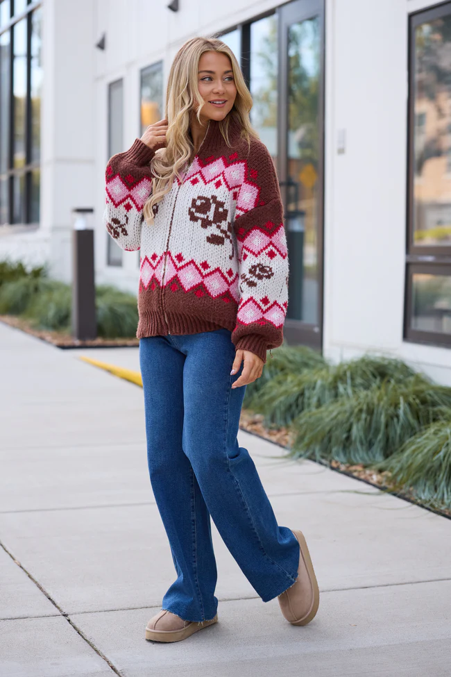 Ariana Brown And Pink Rose Fair Isle Full Zip Sweater FINAL SALE - Image 2