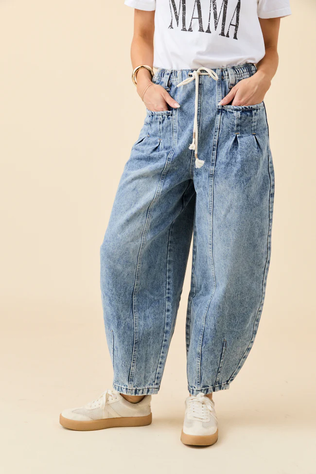 Ashlie Drawstring Waist Barrel Leg Jeans FINAL SALE