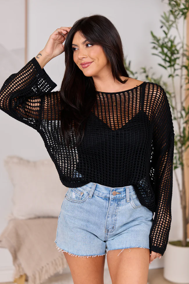 At Your Fingertips Black Open Knit Sweater FINAL SALE