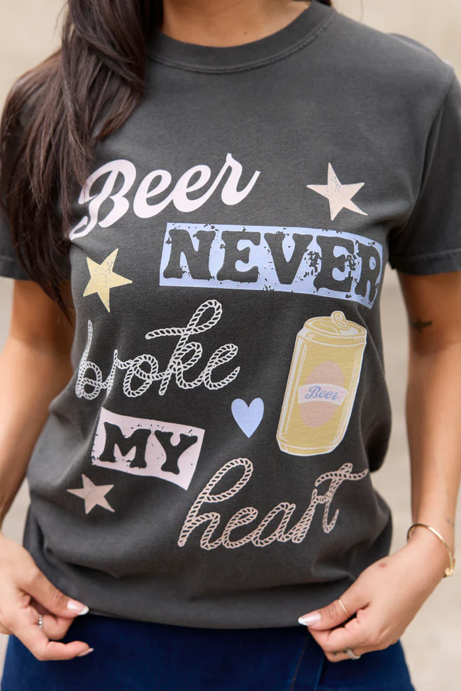 Beer Never Broke My Heart Dark Grey Graphic Tee - Image 2