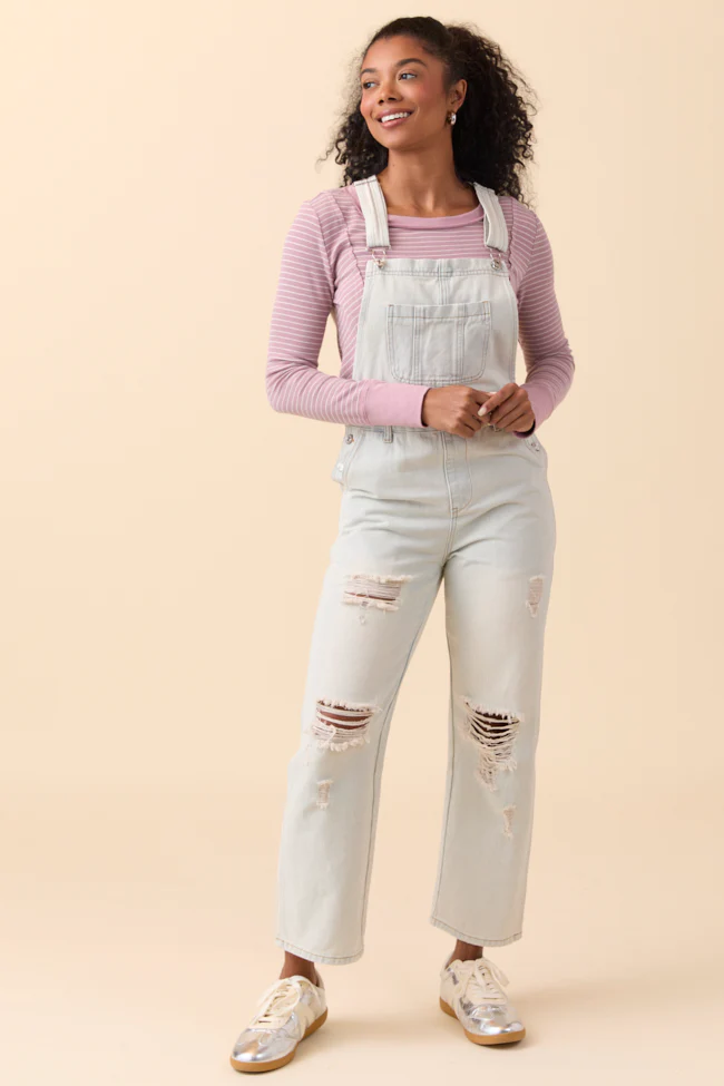 Brynn Light Wash Distressed Denim Overalls FINAL SALE - Image 4
