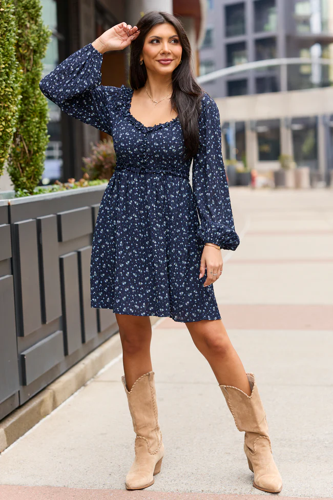Brynn Navy Blue Floral Mini Dress SALE - Image 2