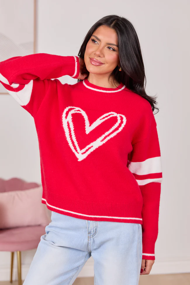 Brynn Red And Ivory Heart Varsity Crewneck Sweater FINAL SALE