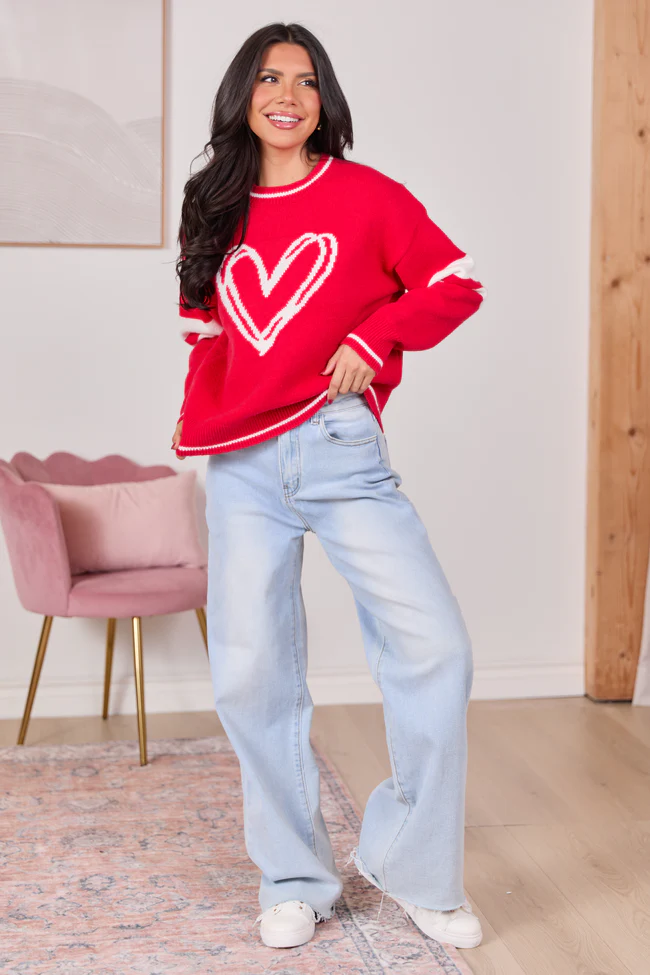 Brynn Red And Ivory Heart Varsity Crewneck Sweater FINAL SALE - Image 3