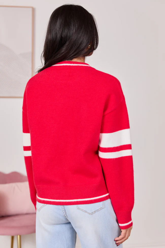 Brynn Red And Ivory Heart Varsity Crewneck Sweater FINAL SALE - Image 5