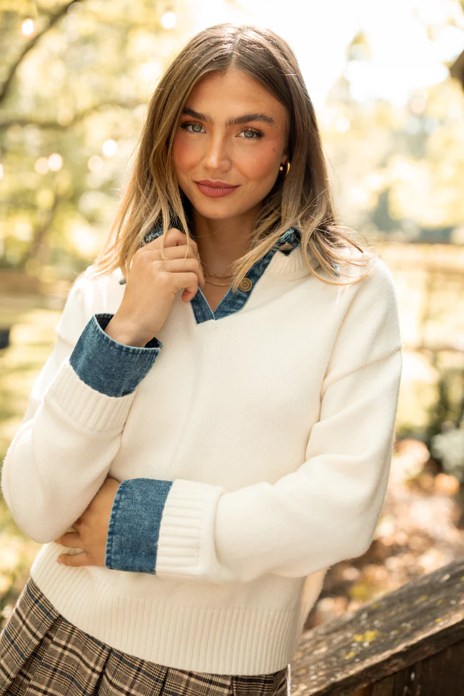 Cecil Ivory And Denim Collared Sweater FINAL SALE