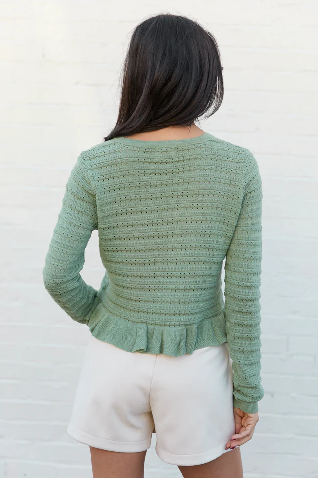 Charlotte Sage Green Open Knit Ruffle Trim Sweater - Image 4