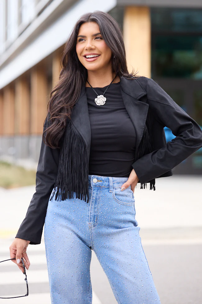 Christina Black Faux Suede Fringe Jacket FINAL SALE