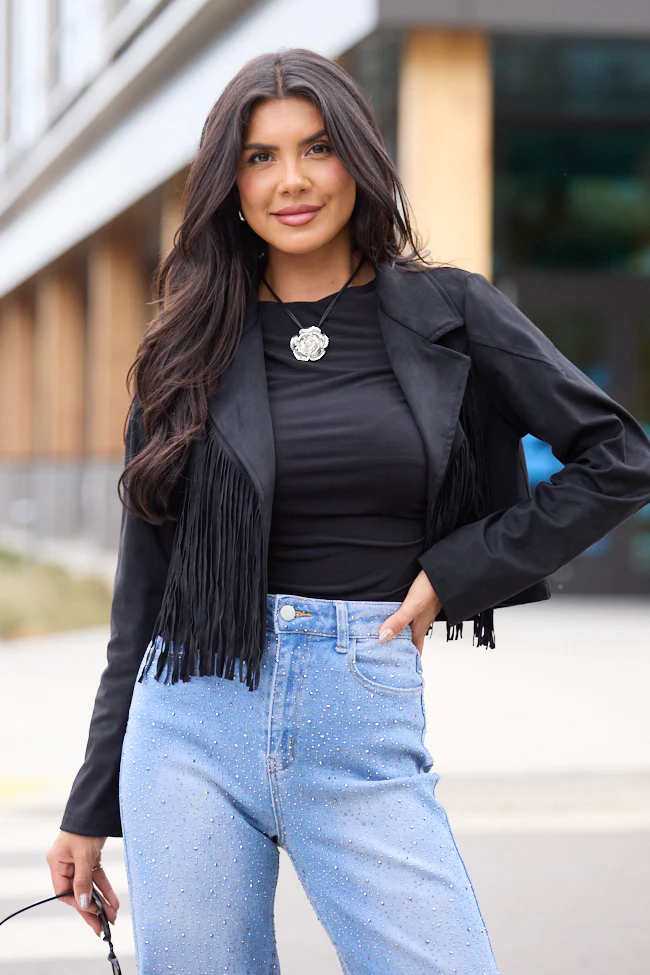 Christina Black Faux Suede Fringe Jacket FINAL SALE - Image 3