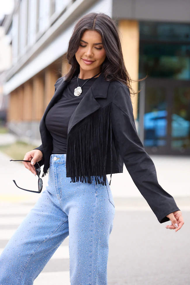 Christina Black Faux Suede Fringe Jacket FINAL SALE - Image 4
