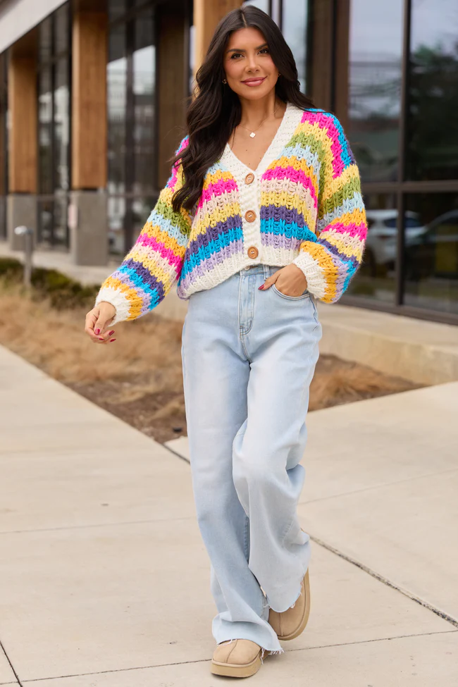 Colleen Multi-Stripe Cropped Chunky Cardigan - Image 2