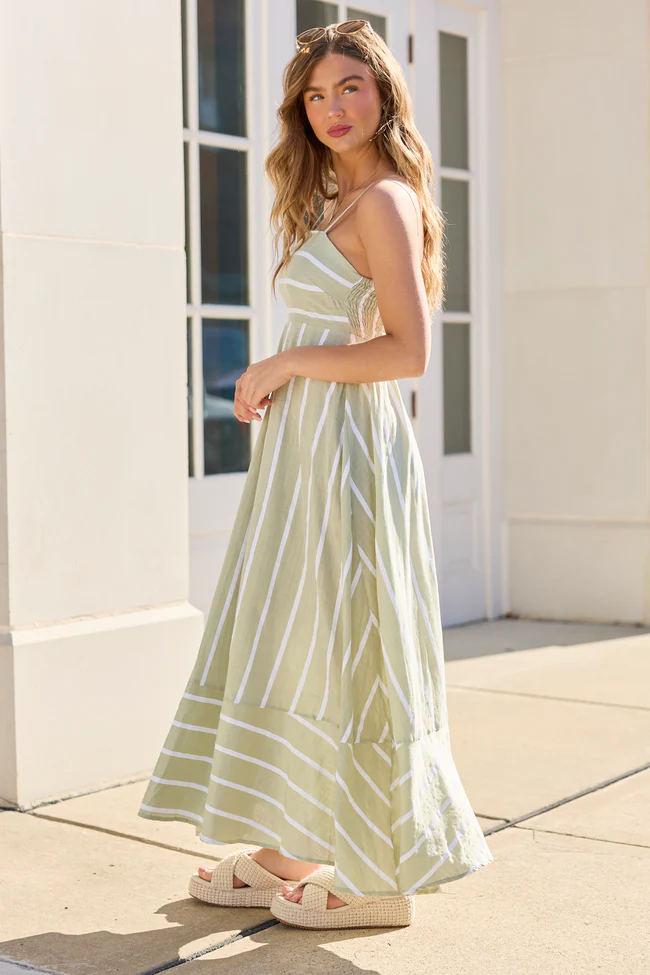 Come Sail Away Sage Striped Maxi Dress - Image 4