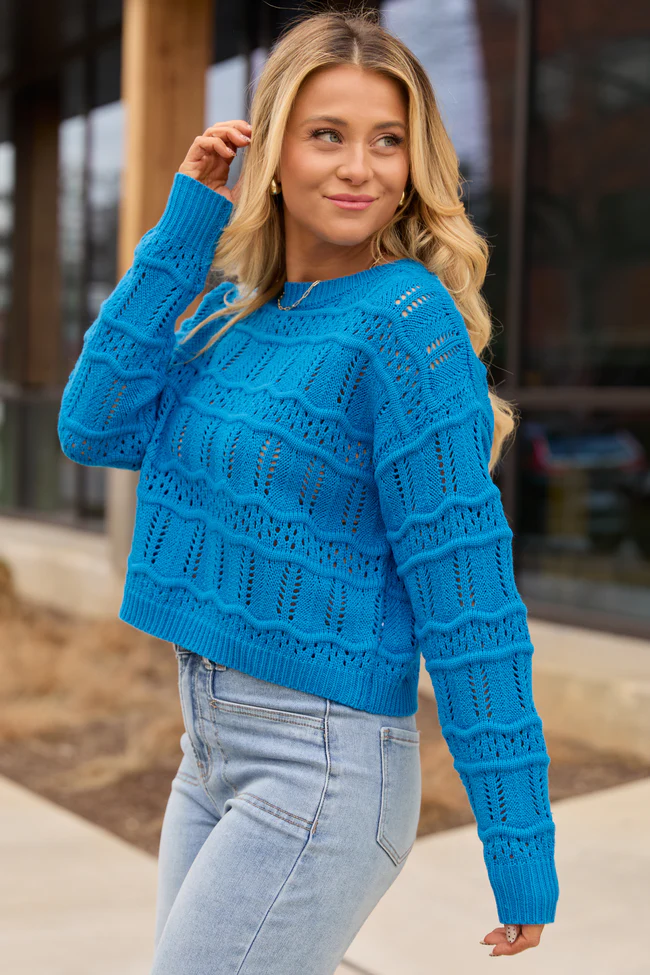 Devyn Blue Wavy Knit Crewneck Sweater SALE - Image 3