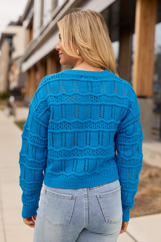Devyn Blue Wavy Knit Crewneck Sweater SALE - Image 4