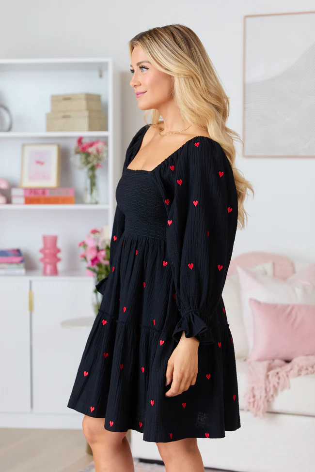 Dress To Impress Black Heart Smocked Top Mini Dress FINAL SALE - Image 4