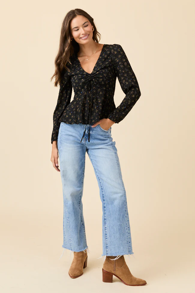 Ella Black Floral Ruched V-neck Blouse FINAL SALE - Image 2