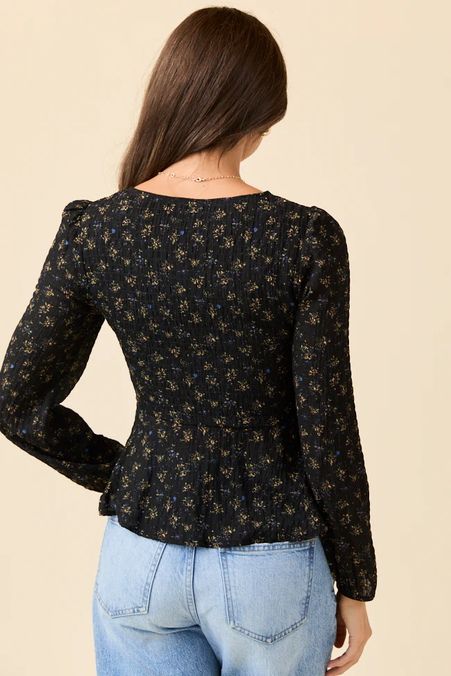 Ella Black Floral Ruched V-neck Blouse FINAL SALE - Image 4