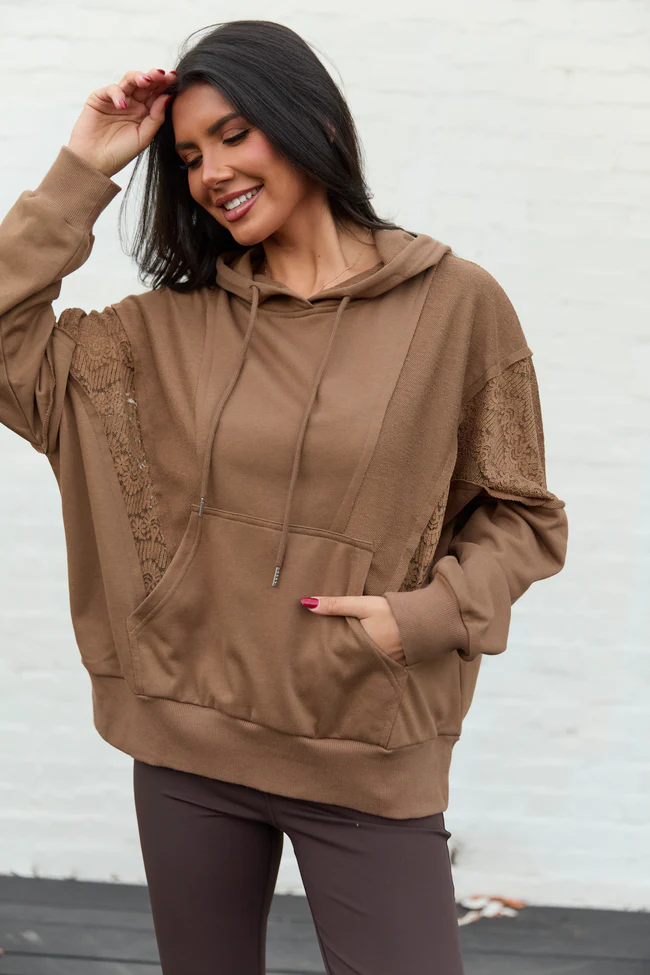 Emerson Brown Lace Patchwork Hoodie FINAL SALE