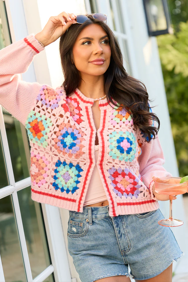 Emmie Pink Crochet Open Cardigan - Image 2