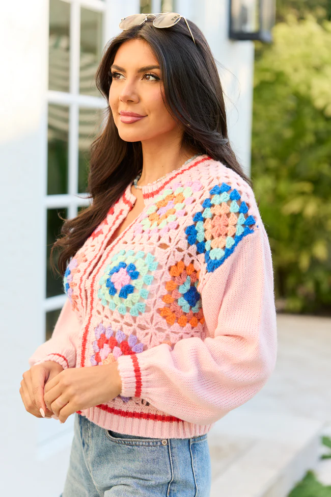 Emmie Pink Crochet Open Cardigan - Image 4