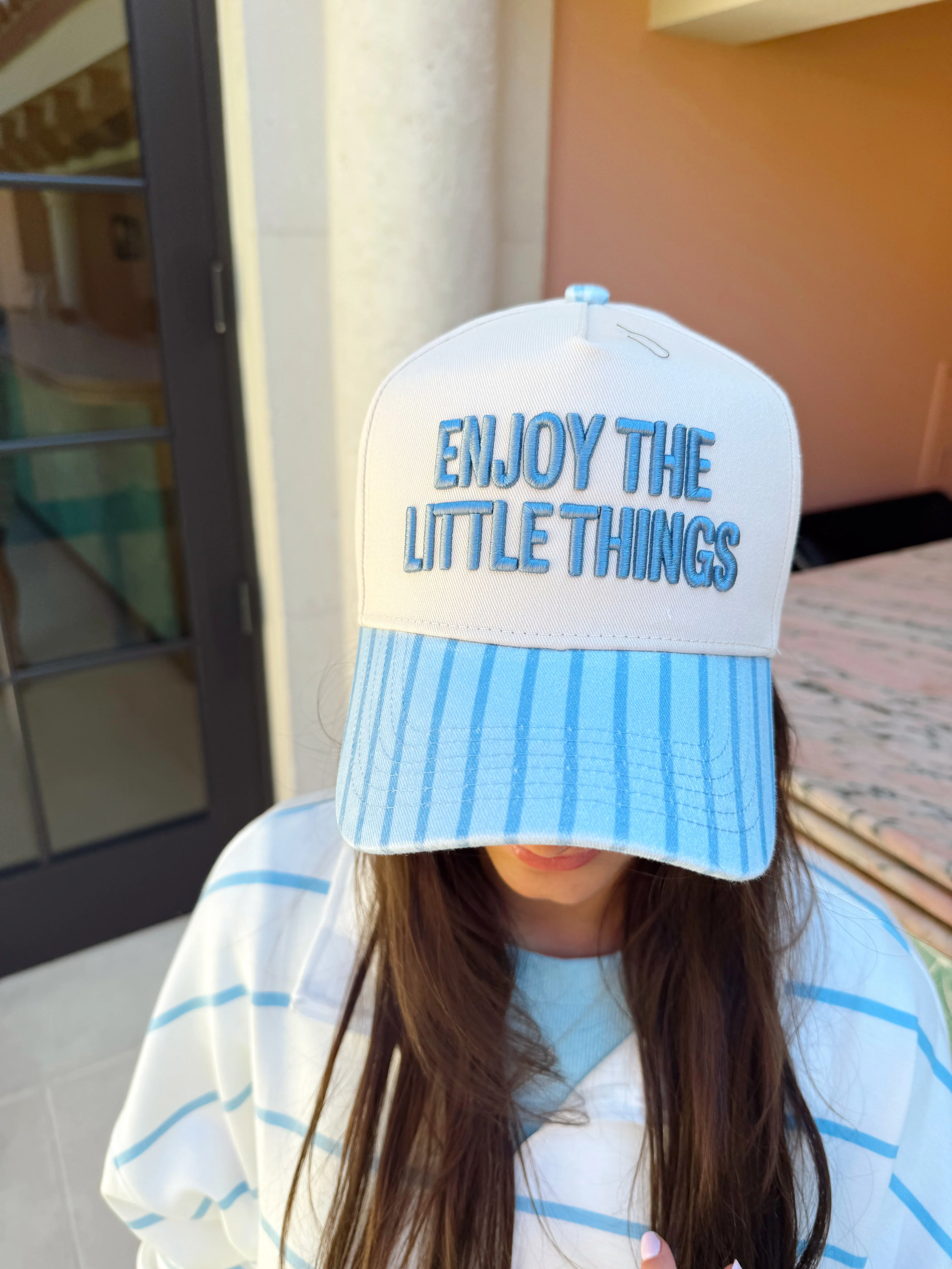 KenzKustomz Blue Stripe Vintage Trucker Hat - Enjoy the Little Things - Image 2