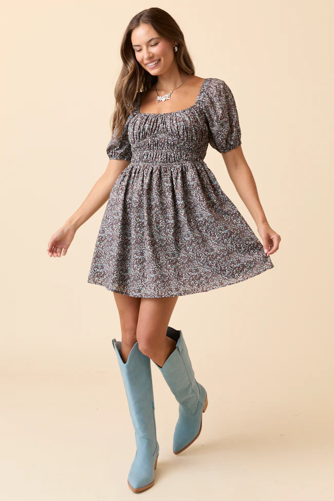 Evangeline Brown Floral Mini Dress FINAL SALE - Image 2