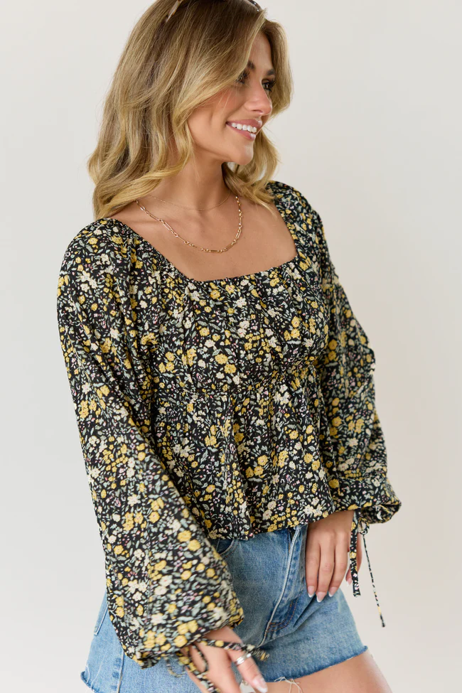Evelina Black And Yellow Floral Ruched Babydoll Top - Image 3