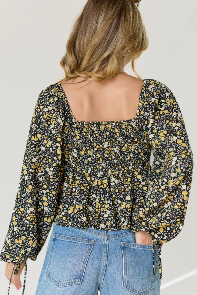 Evelina Black And Yellow Floral Ruched Babydoll Top - Image 4