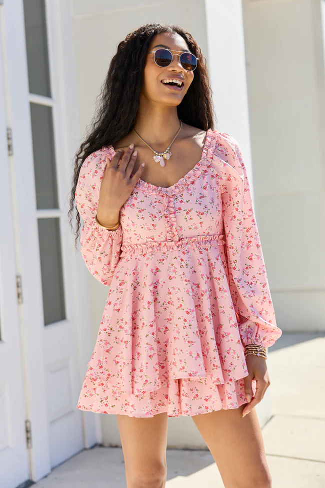 Farah Pink Floral Ruffle Trim Romper - Image 3