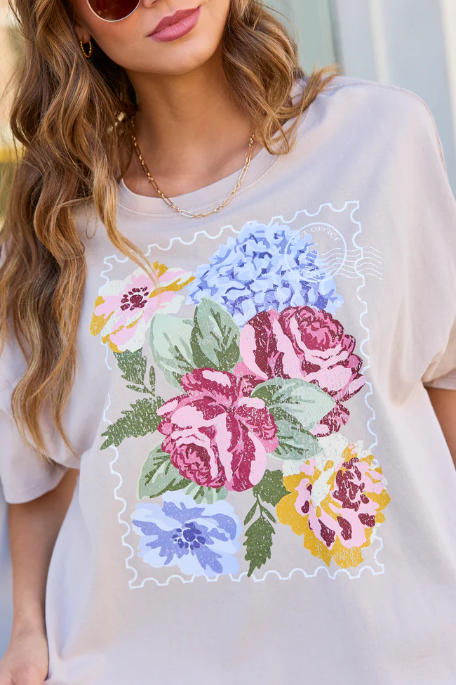 Floral Stamp Taupe Oversized Graphic Tee - Image 4