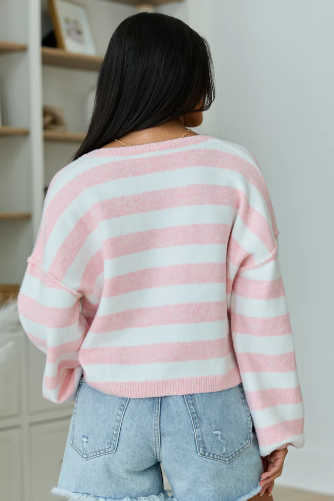 Gillian Pink And Ivory Striped Henley Knit Sweater - Image 4