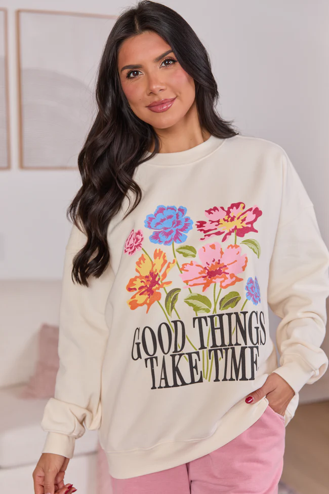 Good Things Take Time Cream Graphic Sweatshirt - Image 2
