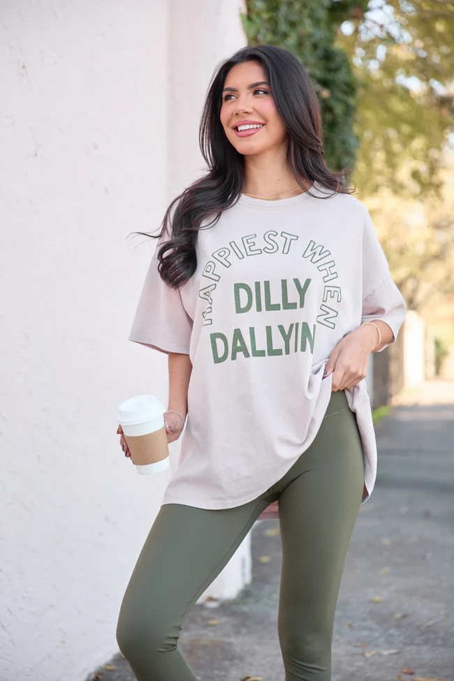 Happiest When Dilly Dallying Taupe Oversized Graphic Tee - Image 3
