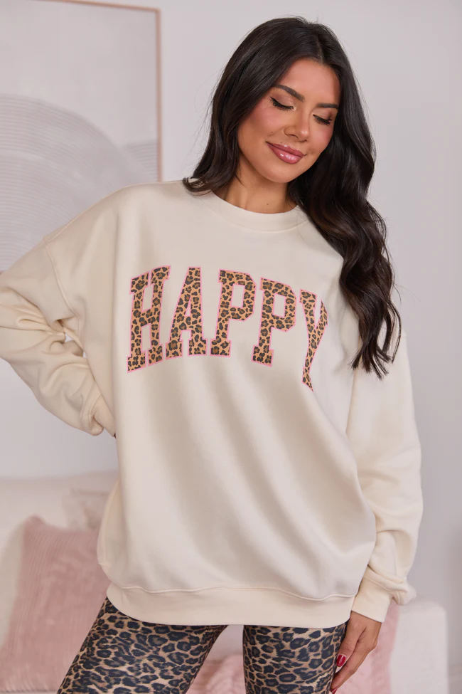 Happy Block Leopard Cream Graphic Sweatshirt - Image 3