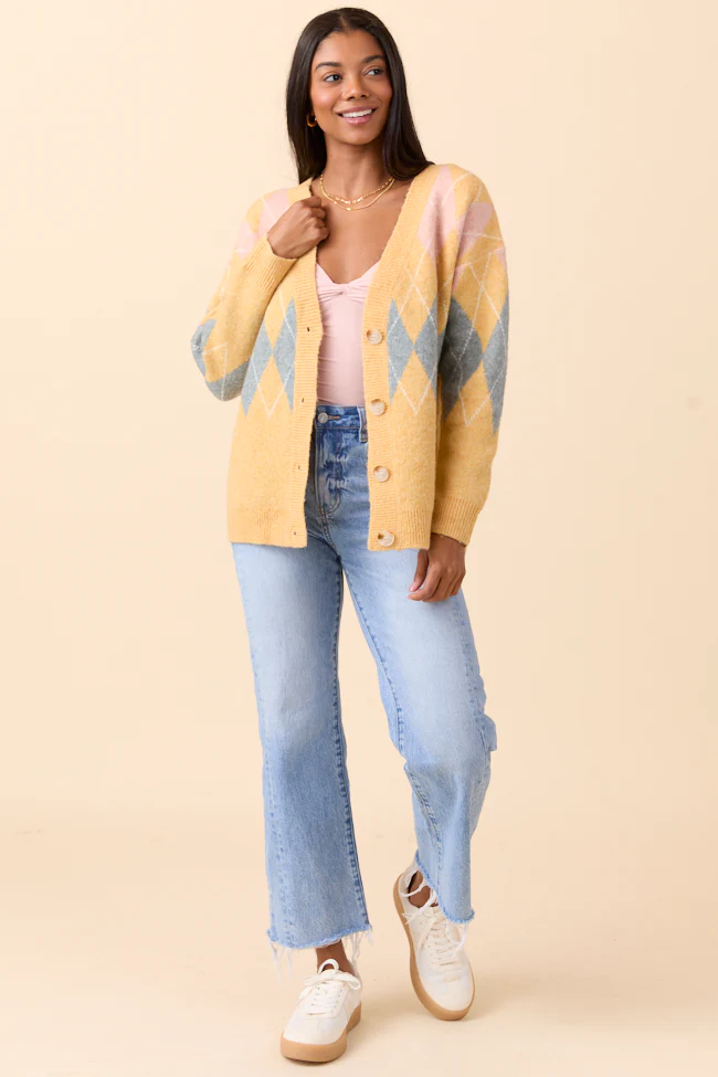 Harlow Yellow Argyle Plaid Cardigan FINAL SALE - Image 3